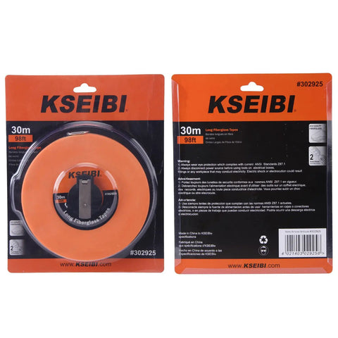 Packaging of long fiberglass tape measure, dual-face inches and millimeters, 66 feet and 20 meters, retractable handle, 1 inch wide.