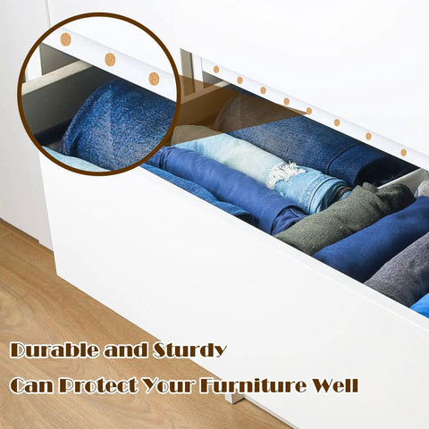 Top Shelf Bulk Pack 2000 Self Adhesive Cork Bumper Pads For Cabinet Doors Furniture Protectors on a drawer with folded clothes.