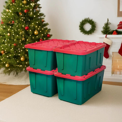 Stackable Plastic Storage Bins With Secure Lids, 27 Gallon Heavy Duty Snap Lock Totes, Sturdy Containers For Holiday Cheer And Seasonal Hoards, Red And Green Set Includes Four Totes, Built To Handle Any Task Like A Champ And Keep Your Space Looking Crisp