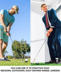 Two men using the 24 Pack Golf Simulator Tees For Indoor And Outdoor Practice Tall And Short Plastic Tees Set, outdoors and indoors practice