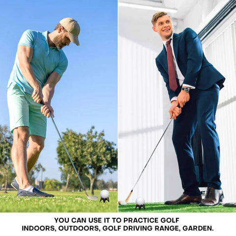 Two men using the 24 Pack Golf Simulator Tees For Indoor And Outdoor Practice Tall And Short Plastic Tees Set, outdoors and indoors practice