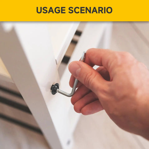 Hand tightening a Twenty Five Pcs M6 X 12mm Flange Button Head Hex Socket Cap Screws into white furniture.