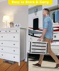 Non Slip Folding RV Steps With Adjustable Height, Lightweight Aluminum Step Stool, 4 Height Settings, Heavy Duty 1000 Pound Capacity, Non Slip Gripper Surface, Easy Stow And Go folded under dresser beside man carrying it at RV