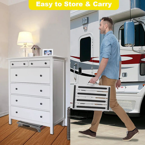 Non Slip Folding RV Steps With Adjustable Height, Lightweight Aluminum Step Stool, 4 Height Settings, Heavy Duty 1000 Pound Capacity, Non Slip Gripper Surface, Easy Stow And Go folded under dresser beside man carrying it at RV