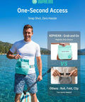 Man paddleboarding with IPX7 Waterproof Fanny Pack with Magnetic One Hand Closure Dry Bag for kayaking and paddleboarding.