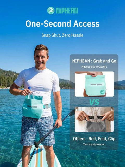 Man paddleboarding with IPX7 Waterproof Fanny Pack with Magnetic One Hand Closure Dry Bag for kayaking and paddleboarding.
