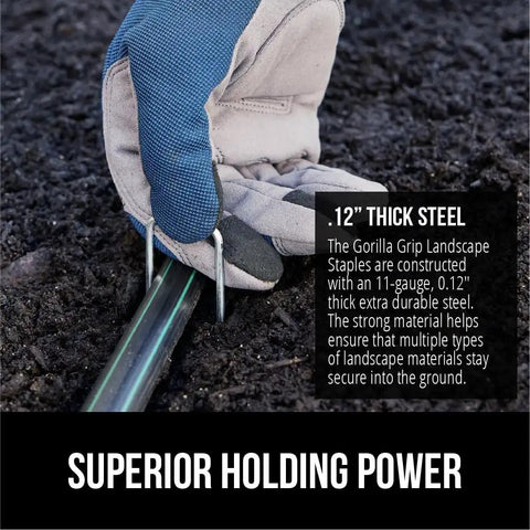 Beefy 6 Inch Landscape Staples 50 Pack 11 Gauge Galvanized Steel Stakes With Ultra Sharp Tip installed in soil by hand