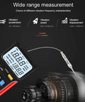 Smooth Operator Digital Vibration Meter With High Grade Probe And Reliable Data Storage For Tracking Acceleration Velocity And Displacement Readings Without Any Glitches with screen displaying measurement values.