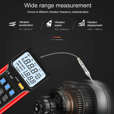 Smooth Operator Digital Vibration Meter With High Grade Probe And Reliable Data Storage For Tracking Acceleration Velocity And Displacement Readings Without Any Glitches with screen displaying measurement values.
