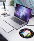 Round Mouse Pad With Circle Of Fifths Design next to laptop and keyboard on desk