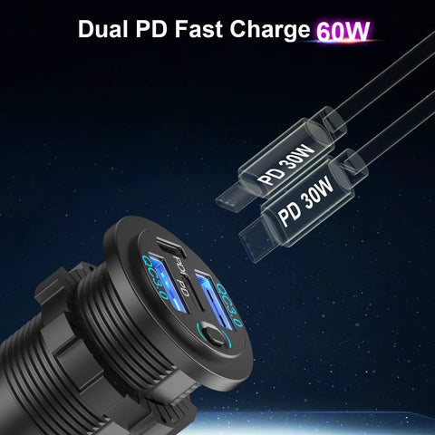 Two Pack 12V USB Car Charger With Four Ports 78W Fast Charge PD3 And QC3 Quick Charge Waterproof Cigarette Lighter Socket