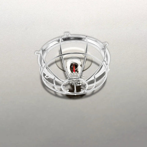Heavy Duty Screw Mount Fire Sprinkler Guard Cage Shield with Impact Resistant Kickproof Cover installed on ceiling.