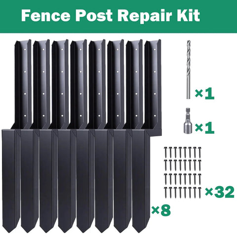 Heavy Duty H Shaped Galvanized Fence Post Repair Kit For Leaning Or Broken Wooden Posts In Yard Farm And Ranch 8 Pack Durable Steel Stakes For Quick Fence Fix with tools and screws.