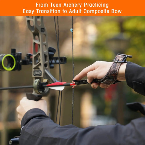 Archery Release Aid For Compound Bows With 360 Degree Rotating Trigger Wristband Adjustable Caliper In Use Outdoors