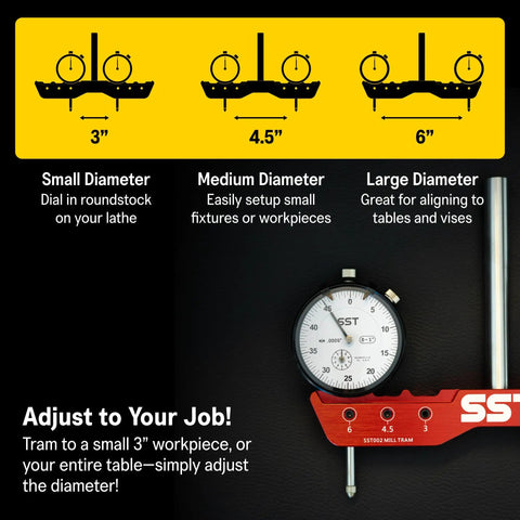 Custom Fit Mill And Lathe Tramming System with 0.0005 Inch Dial Indicators, adjustable from 3" to 6" for precise alignment.