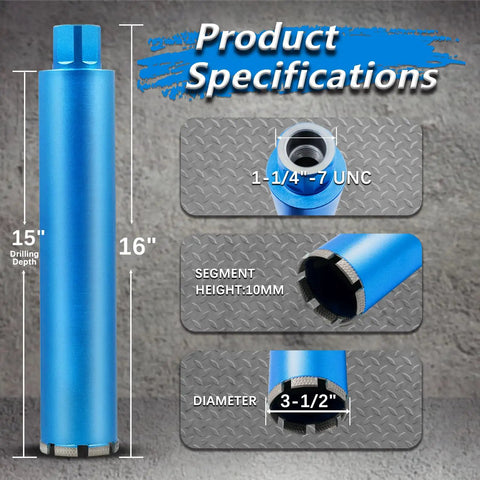 Three And A Half Inch Wet Diamond Core Drill Bits For Concrete With Rebar Brick Block And Masonry, Fifteen Inch Drilling Depth Specifications
