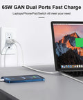 Next Level 65W USB C Wall Outlet Featuring PD 3.0 Fast Charging 15 Amp Electrical Receptacle For Laptops in use with phone and laptop.