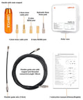LEBYCLE internal cable routing kit for bike frame; orange magnet handle, assorted cable joints, outer case
LEBYCLE bike cable routing kit side view; orange magnet, metal joints, and flexible guide wire
Close-up of LEBYCLE kit parts: inner cable joints, E-tube joints, SD300 joint, magnetic tips
LEBYCLE internal routing kit components arranged for bike-frame installation