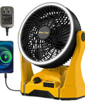 Cordless 20V Jobsite Fan With Infinite Speed, 180 Degree Tilt, Ring Light, USB C charging a phone with ring light and adapter
