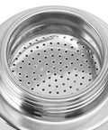 Rock Solid Stainless Steel Stovetop Espresso Maker With Dual Spout brewing filter view showing fine perforations for espresso preparation.