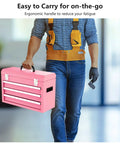 Person carrying 3 Drawer Metal Tool Box With EVC Liners And Latch Closure, Beefy Portable Heavy Duty Steel Tool Chest, Pink