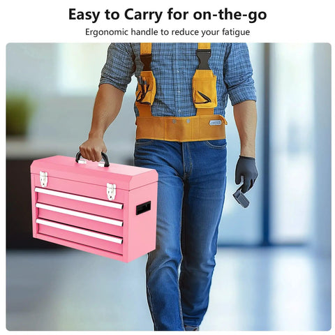 Person carrying 3 Drawer Metal Tool Box With EVC Liners And Latch Closure, Beefy Portable Heavy Duty Steel Tool Chest, Pink