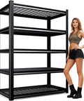 Heavy Duty Garage Shelving Unit 5 Tier Adjustable Metal Rack With Tool Free Assembly Holds Up To 400 Lbs Per Shelf Ideal For Basement Pantry Kitchen And Workshop Storage Durable Steel Shelves For Tools Appliances And Bulk Goods Black, black 5-tier steel rack with woman for scale