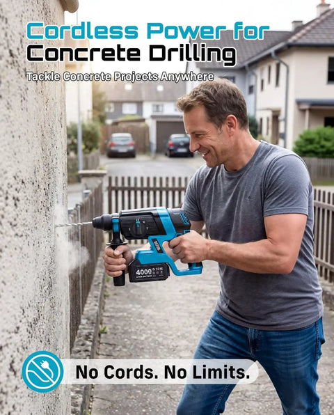 Man using Go Cordless With This 1-Inch SDS-Plus Rotary Hammer Drill Featuring Brushless Motor, 4-Mode Safety Clutch on outdoor wall.
