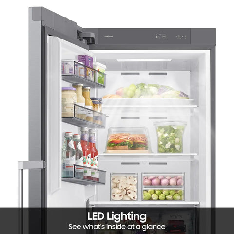 Interior view of Large 11 Cubic Foot Convertible Upright Freezer And Fridge Flip Featuring Even Airflow And Reversible Door Design with LED lighting.