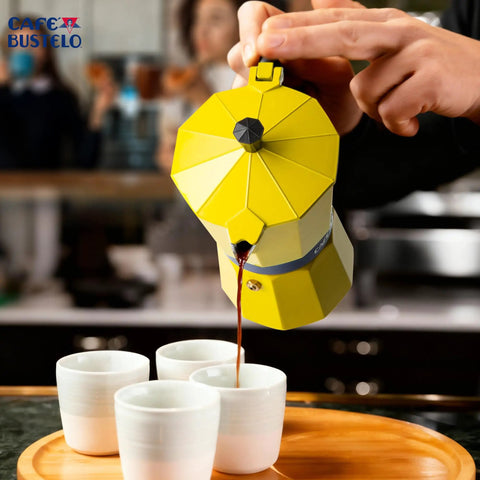 Pouring coffee from a Bold Yellow Stovetop Moka Pot Espresso Maker 300 Ml Cup for Home Barista Quality Coffee Percolator