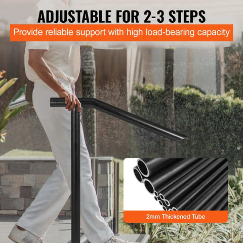 Rock Solid Floor Mounted Stair Handrail For 2 To 3 Steps And 36 Inch Wide iron step railing with smooth curve grip for outdoor use.