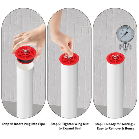 Pro Grade Mechanical End Of Pipe Gripper Test Plugs Set 3 Inch And 4 Inch Sewer Drain Plugs For PVC ABS Cast Iron Pipes Sealing And Pressure Test Tools 2 Pack For Residential And Commercial Plumbing, red plug on pipe