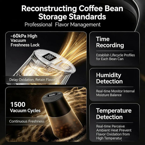 Digital display Vacuum Coffee Bean Storage Container Keeps Your Morning Stash Staying Crisp Locking Out Air, showing features like vacuum freshness lock.
