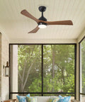 42" Solid Wood Blades Ceiling Fan with Lights in matte black, 3 wooden blades, illuminating a screened porch.