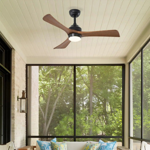 42" Solid Wood Blades Ceiling Fan with Lights in matte black, 3 wooden blades, illuminating a screened porch.