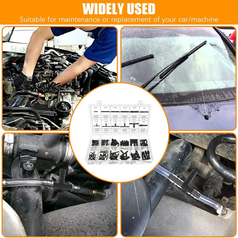 Sandfren 113PCS car vacuum line connector kit in plastic case with black fittings; views show engine bay and hoses.