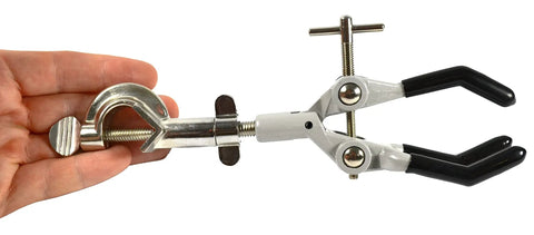 Heavy Duty Die Cast Lab Clamp With PVC Coated Prongs For Beaker And Flask Holders shown with fingers for scale