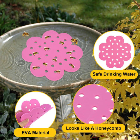 5 Pack Floating Bee Islands With 6.5 Inch EVA Flower Shaped Watering Stations in a bird bath