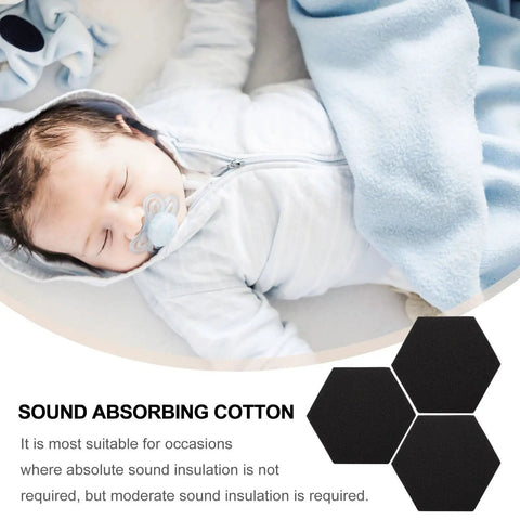 Top Shelf Hexagon Soundproofing Panels 3 Pack Fire Resistant High Density Polyurethane Acoustic Foam Tiles Wall Mount Design For Office Recording And Control Rooms Black in a cozy setting with a sleeping baby.