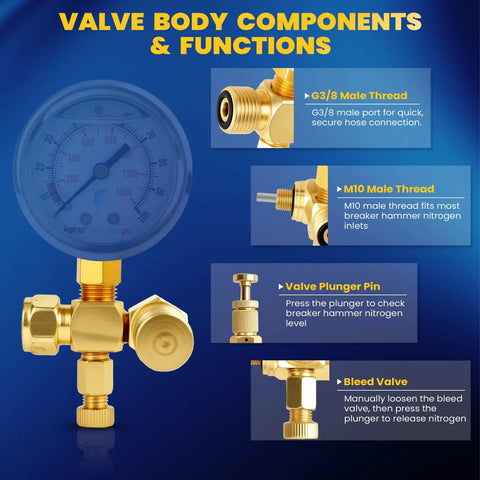 Hydraulic Breaker Hammer Nitrogen Gas Charging Kit With Dual Scale Gauge Glycerin Filled Brass And Stainless Construction Long 90 Cm Test Hose Pro Grade Nitrogen Pressure Test Tools For Hydraulic Breakers