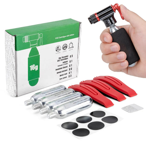 CO2 Inflator Kit With Five 16g CO2 Cartridges Presta And Schrader Valve Compatible Portable Bike Tire Pump With Insulated Sleeve