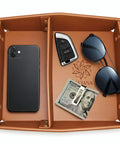 EDC Valet Tray Organizer in Saddle Tan with PU Leather Removable Divider to stash keys wallet phone and watch.