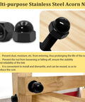 Black Stainless Steel Acorn Nut Set Kit, 80 Piece Assortment Including detailed view of dome head nut on wooden structure.