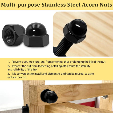 Black Stainless Steel Acorn Nut Set Kit, 80 Piece Assortment Including detailed view of dome head nut on wooden structure.