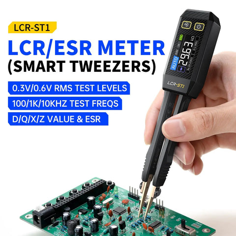 Person using LCR ST1 10KHz LCR Meter With Tweezers Beast All In One SMD Tester ESR Meter Multimeter on a circuit board