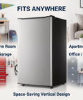 Spare Your Square Footage 3.2 Cubic Foot Upright Freezer In Classic Silver, shown in a compact room setup, efficient vertical design.