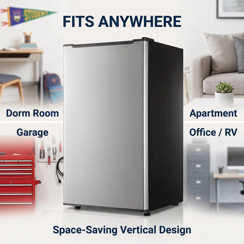 Spare Your Square Footage 3.2 Cubic Foot Upright Freezer In Classic Silver, shown in a compact room setup, efficient vertical design.