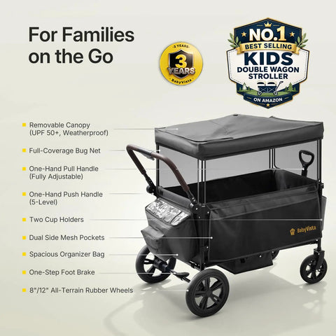 Kids Stroller Wagon With One Hand Adjustable Push Pull Handle, alloy steel frame, rubber wheels, canopy, storage, and cup holders