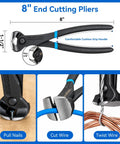 8" end cutting pliers, chrome-vanadium steel, 5/8" max cut, for pulling nails, cutting wire, and twisting wire