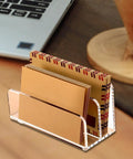 Acrylic Desk File Organizer with Mail Tray for Home Office holding envelopes and file folders on wooden desk surface.
